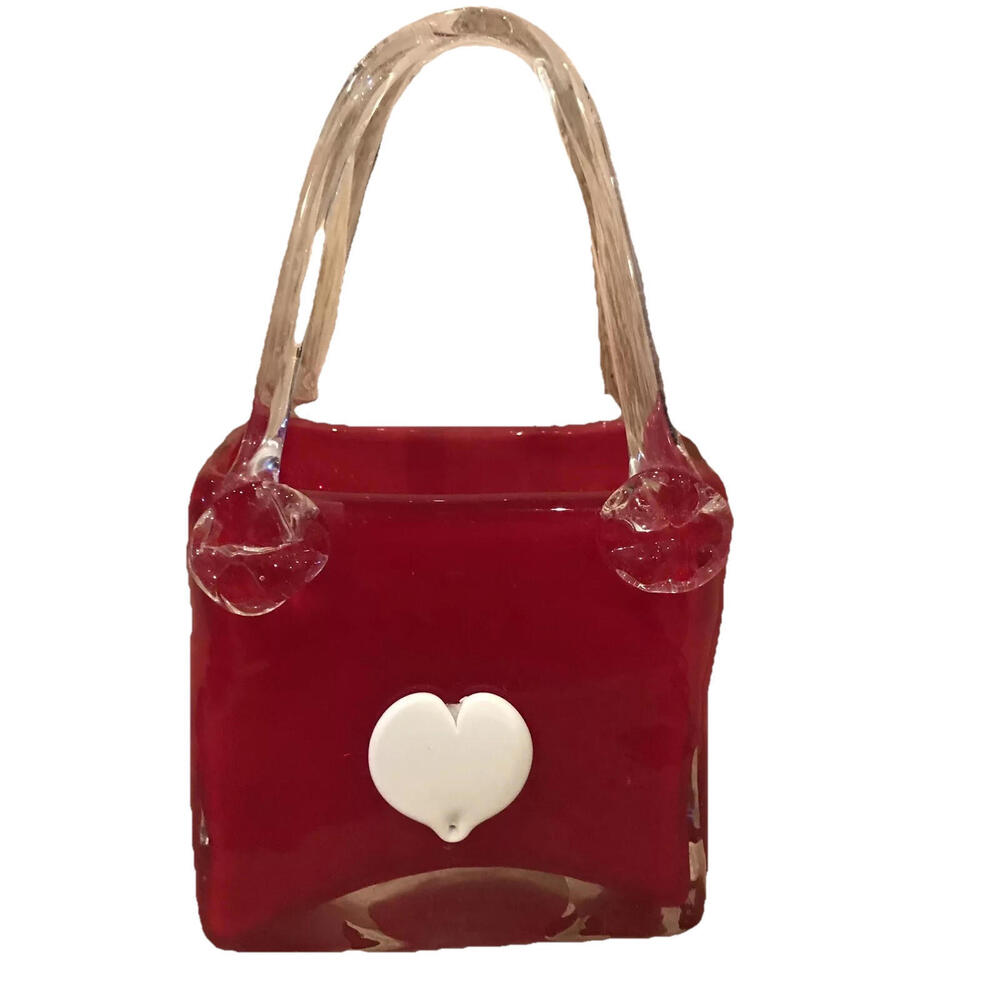 🌼Murano Handmade Red Art Glass Vase / Basket With White Heart